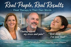 Three real float therapy clients sharing their results including stress relief, better sleep, reduced anxiety and a refreshed feeling after their float therapy sessions